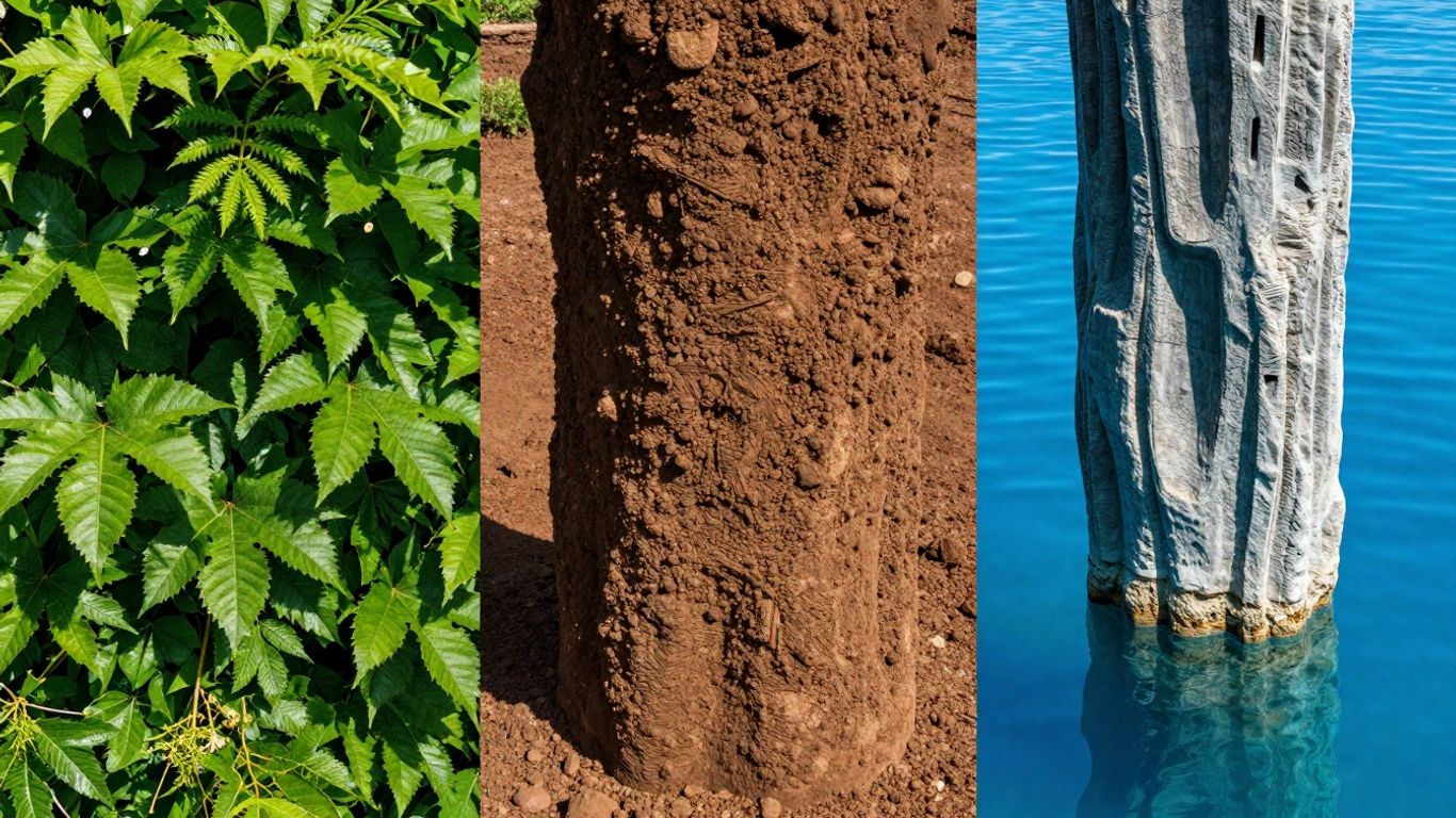 Drei Säulen: Grün, Braun und Blau.