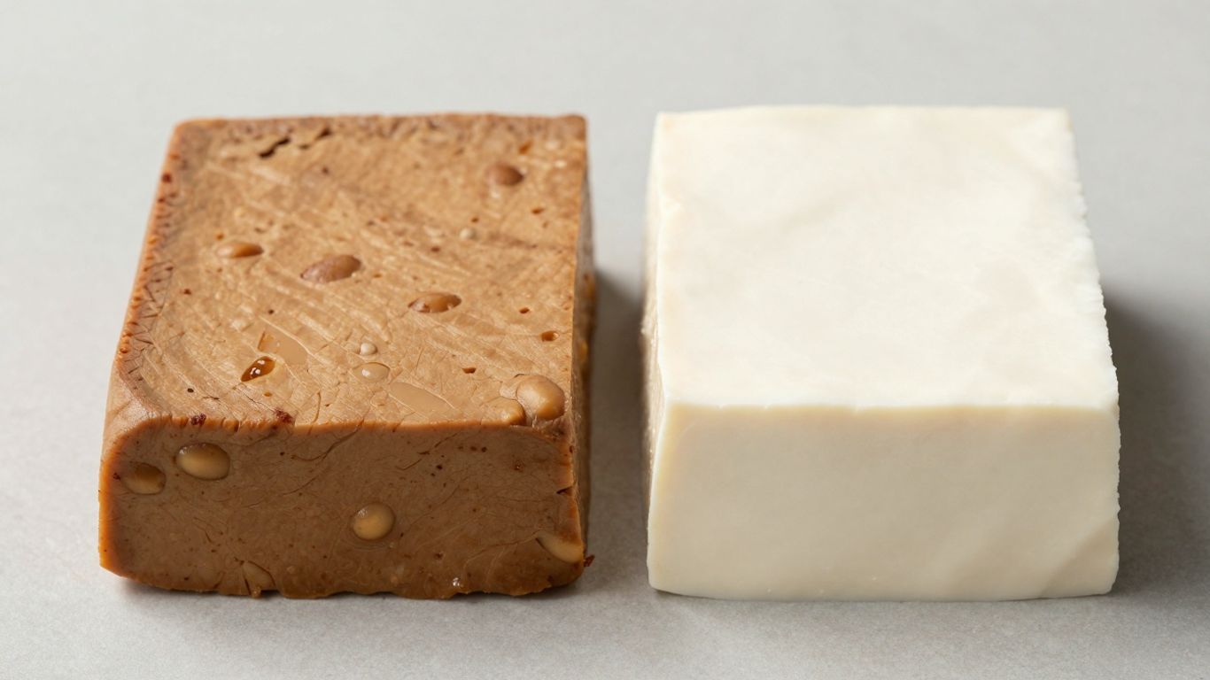 Tempeh und Tofu nebeneinander, bereit zum Kochen.