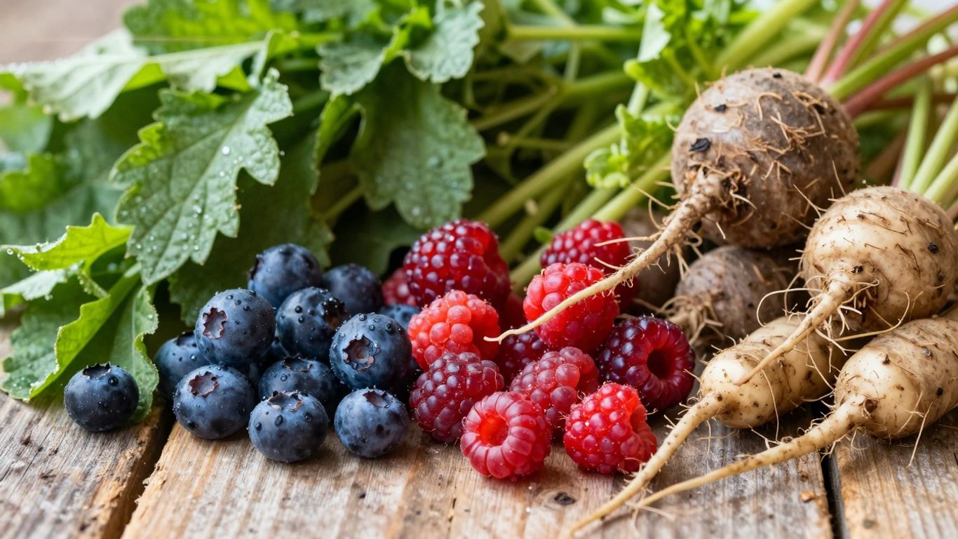 Frisches saisonales Gemüse und Obst auf einem Holztisch.
