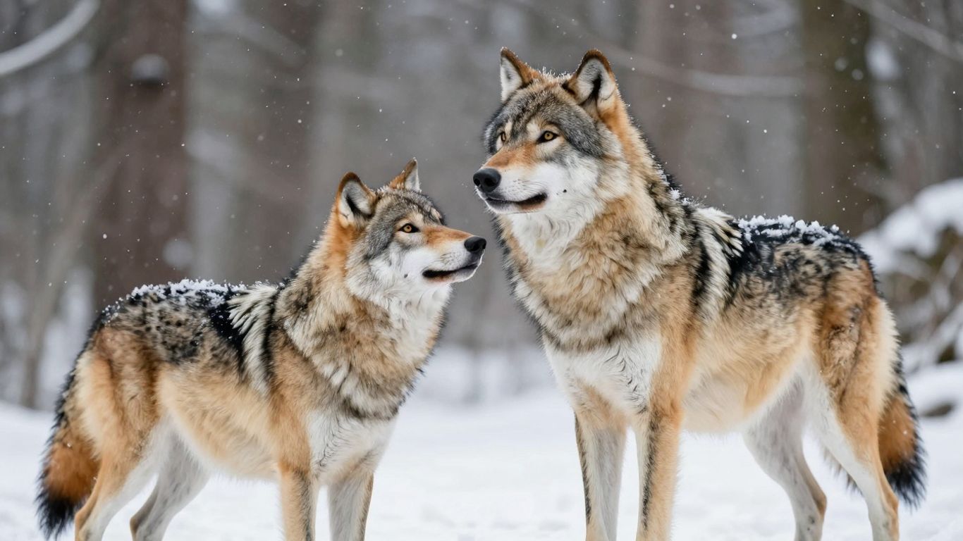 Zwei Wölfe im Schnee stehen sich gegenüber.