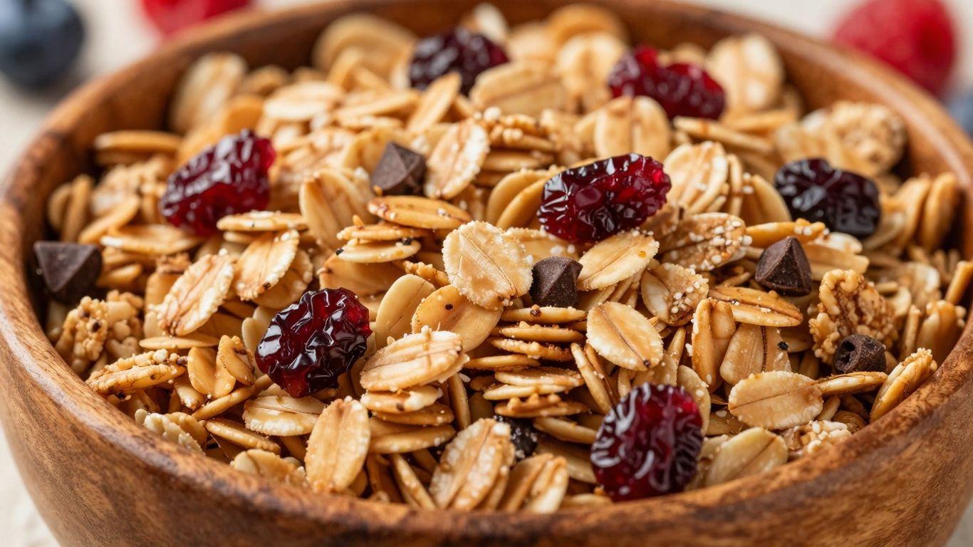 Gesundes selbstgemachtes Granola in einer Schüssel mit Beeren.
