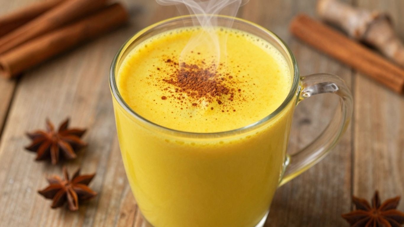 Goldene Milch in einer Tasse mit Zimt und Sternanis.