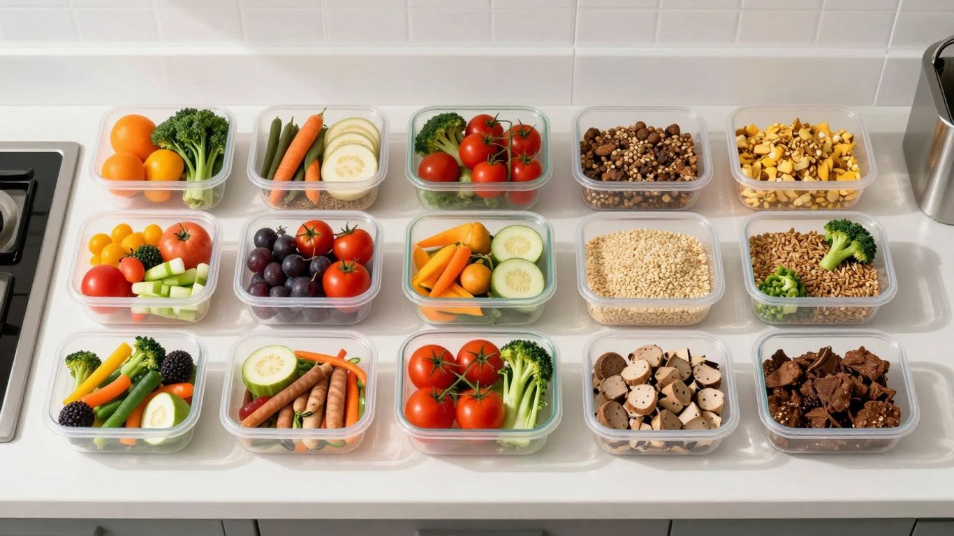 Vorbereitete Mahlzeiten in Behältern auf Küchentheke